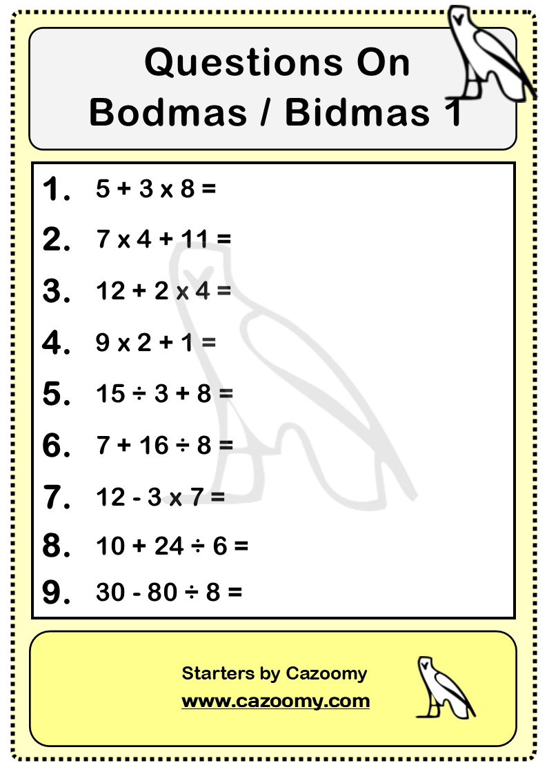 Bodmas Worksheets Practice Questions | Cazoomy