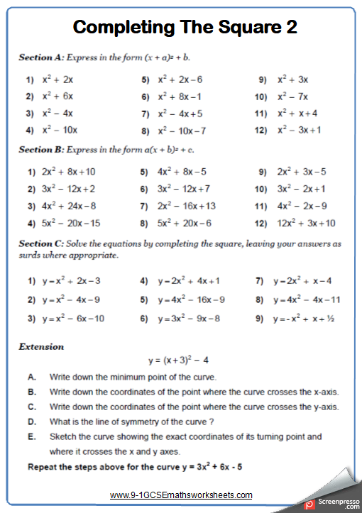 Completing The Square Worksheet Practice Questions | Cazoomy
