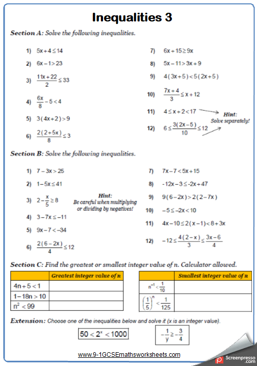 Inequalities Worksheet With Answers