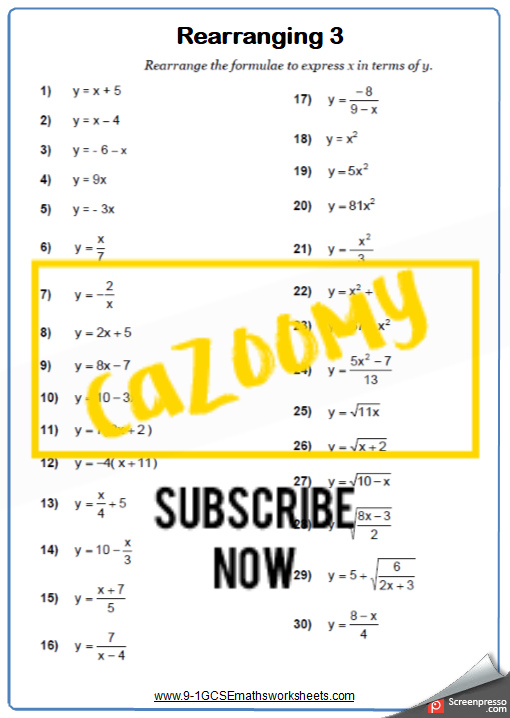 Algebra Worksheet 1