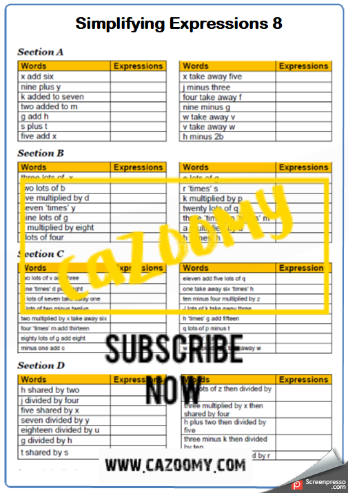 Collecting Like Terms Worksheet 8