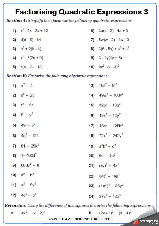 Factorising Quadratics Worksheet 3